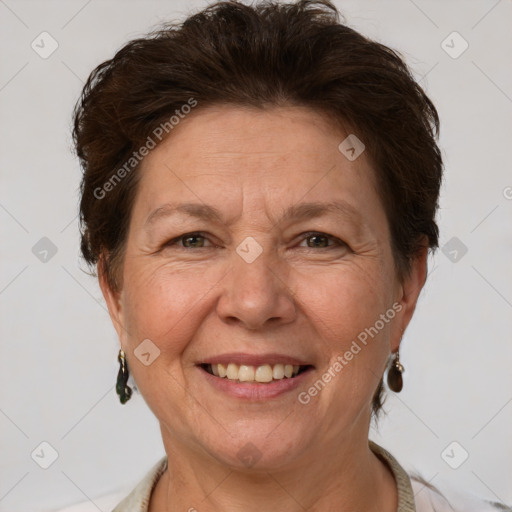 Joyful white adult female with short  brown hair and brown eyes