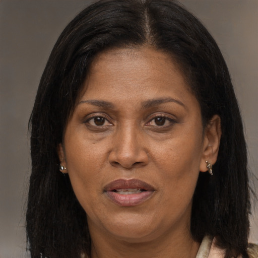 Joyful black adult female with long  brown hair and brown eyes