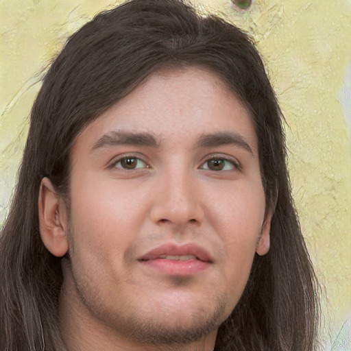 Neutral white young-adult male with long  brown hair and brown eyes