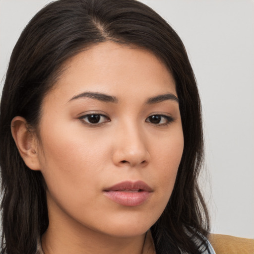 Neutral asian young-adult female with long  brown hair and brown eyes