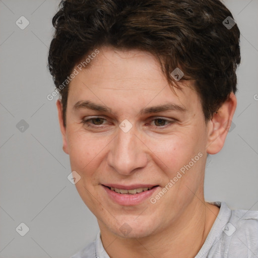 Joyful white adult female with short  brown hair and brown eyes