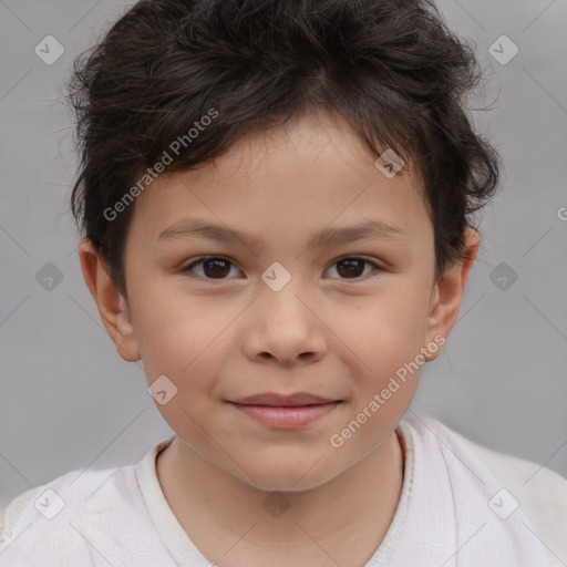 Joyful white child female with short  brown hair and brown eyes