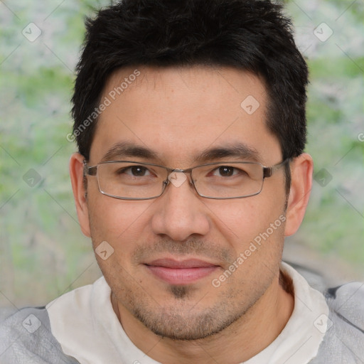 Joyful white adult male with short  black hair and brown eyes