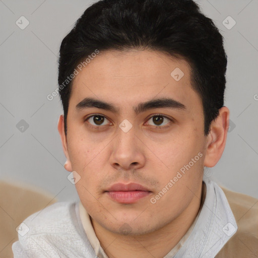 Neutral latino young-adult male with short  black hair and brown eyes