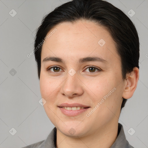 Joyful white young-adult female with medium  brown hair and brown eyes