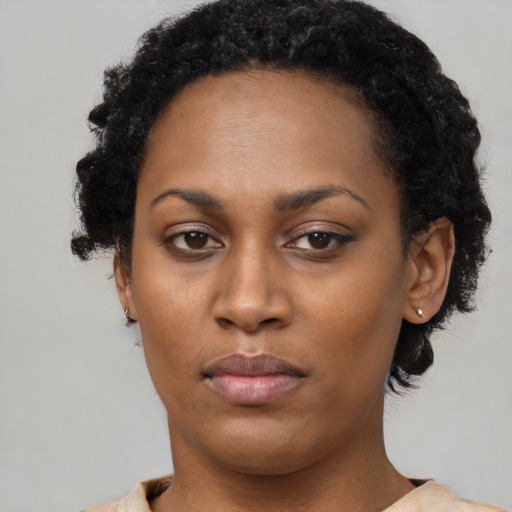 Neutral black young-adult female with short  black hair and brown eyes