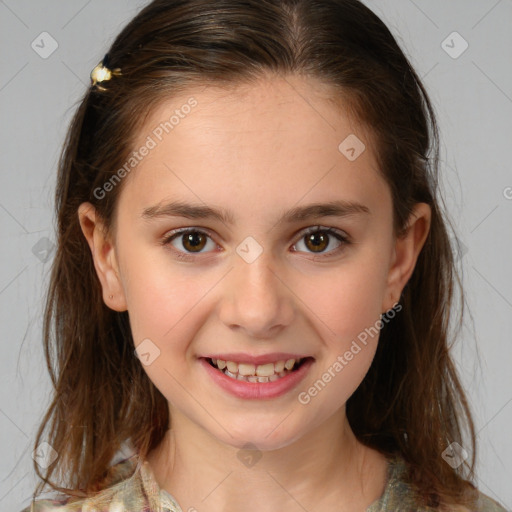 Joyful white child female with medium  brown hair and brown eyes