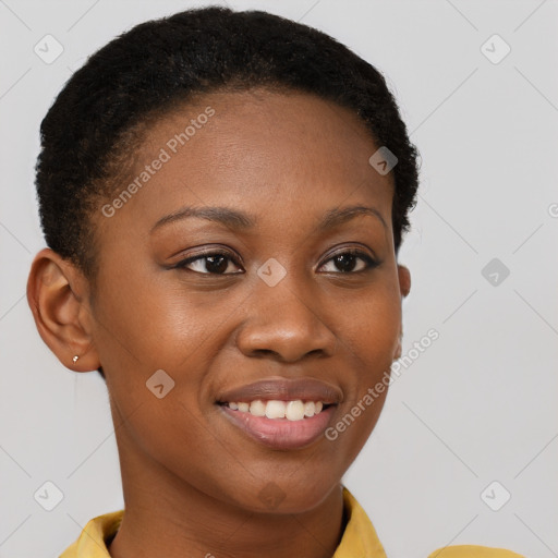 Joyful black young-adult female with short  brown hair and brown eyes