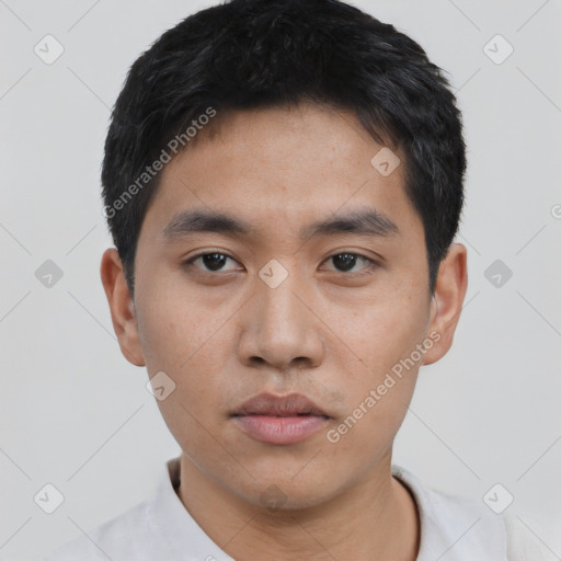 Neutral asian young-adult male with short  black hair and brown eyes
