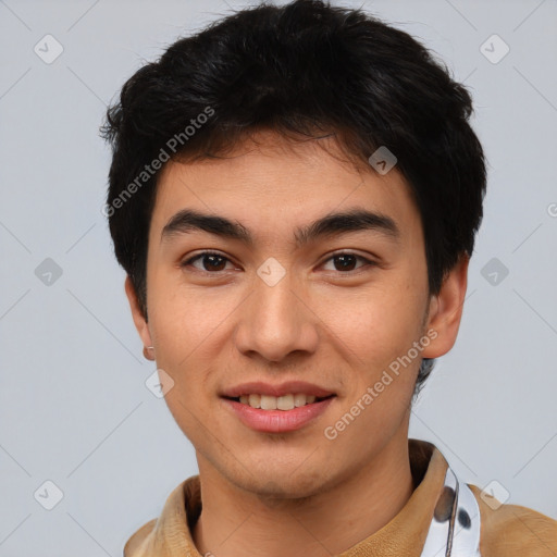 Joyful asian young-adult male with short  black hair and brown eyes