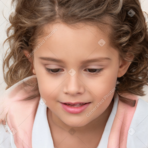 Joyful white child female with medium  brown hair and brown eyes