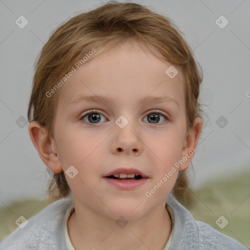 Neutral white child female with medium  brown hair and blue eyes