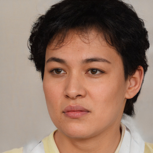 Neutral white young-adult female with medium  brown hair and brown eyes