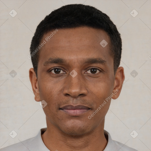 Neutral black young-adult male with short  black hair and brown eyes