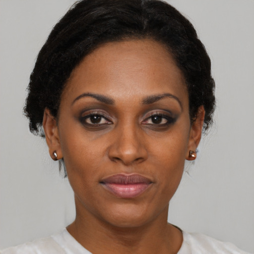 Neutral latino young-adult female with short  brown hair and brown eyes
