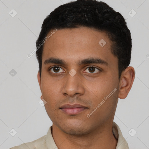 Neutral latino young-adult male with short  black hair and brown eyes