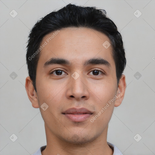 Neutral asian young-adult male with short  black hair and brown eyes