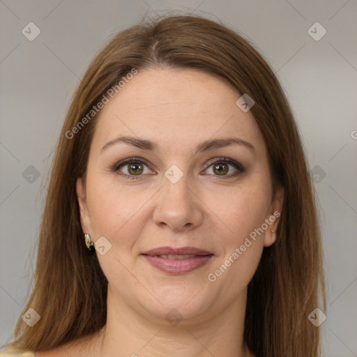 Joyful white young-adult female with medium  brown hair and green eyes