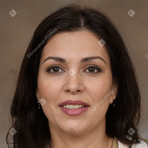 Joyful white adult female with medium  brown hair and brown eyes