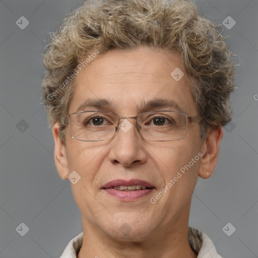 Joyful white middle-aged male with short  brown hair and brown eyes