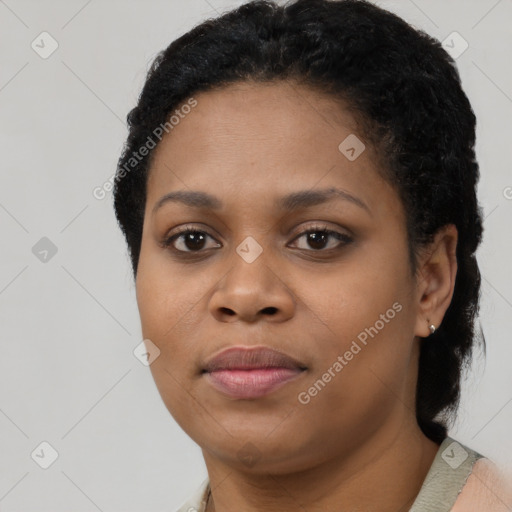 Neutral black young-adult female with short  black hair and brown eyes