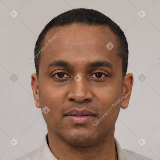 Neutral black young-adult male with short  black hair and brown eyes
