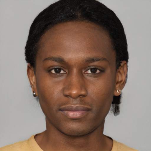 Neutral black young-adult male with short  brown hair and brown eyes