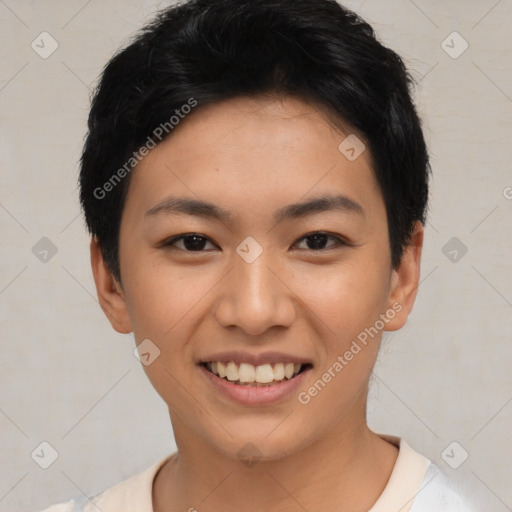 Joyful asian young-adult female with short  black hair and brown eyes