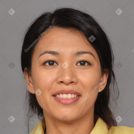 Joyful white young-adult female with medium  brown hair and brown eyes