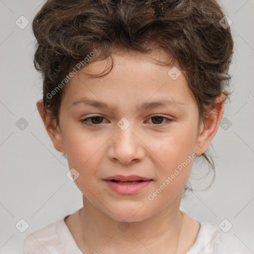 Joyful white child female with medium  brown hair and brown eyes