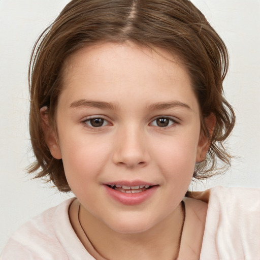 Joyful white child female with medium  brown hair and brown eyes