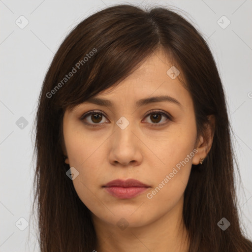 Neutral white young-adult female with long  brown hair and brown eyes