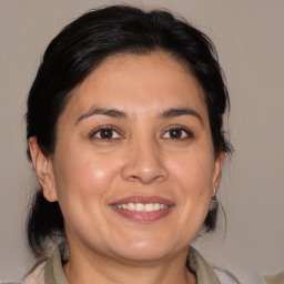 Joyful white adult female with medium  brown hair and brown eyes