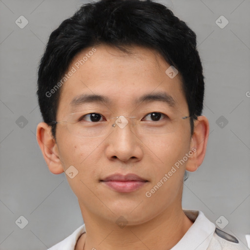 Neutral asian young-adult male with short  brown hair and brown eyes