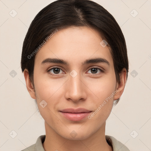 Joyful white young-adult female with medium  brown hair and brown eyes