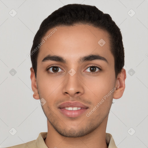 Neutral latino young-adult male with short  black hair and brown eyes