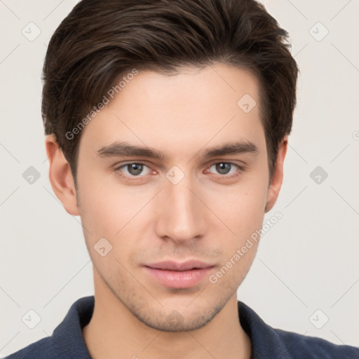 Neutral white young-adult male with short  brown hair and brown eyes