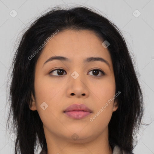 Neutral asian young-adult female with long  brown hair and brown eyes