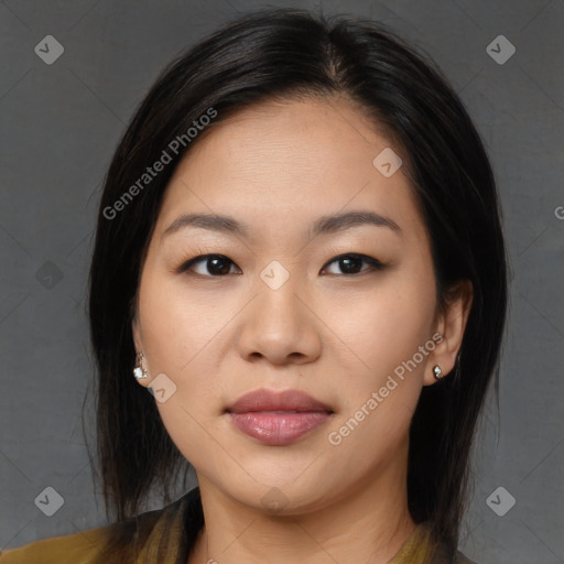 Joyful asian young-adult female with medium  brown hair and brown eyes