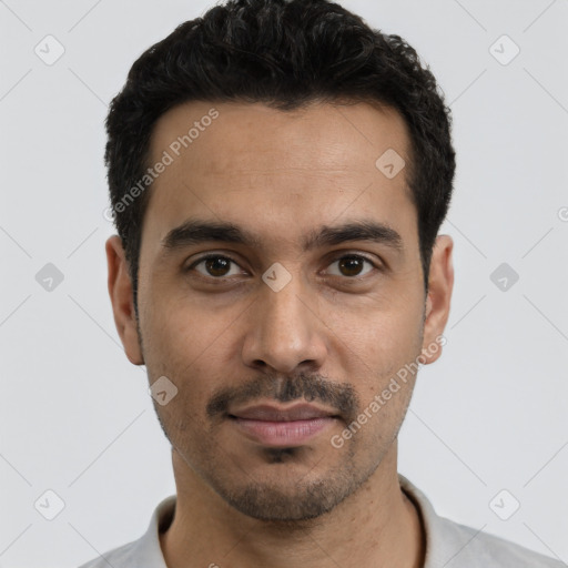 Neutral white young-adult male with short  black hair and brown eyes