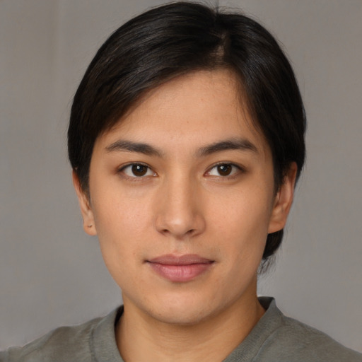 Neutral asian young-adult female with short  brown hair and brown eyes