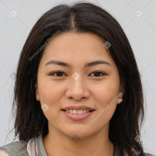 Joyful asian young-adult female with medium  brown hair and brown eyes