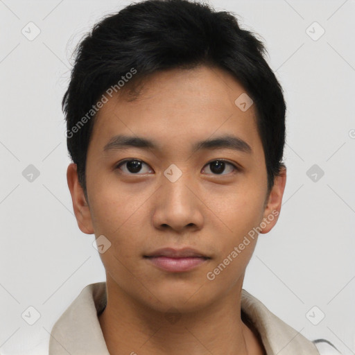 Neutral asian young-adult male with short  brown hair and brown eyes