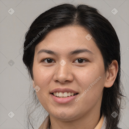 Joyful asian young-adult female with medium  brown hair and brown eyes