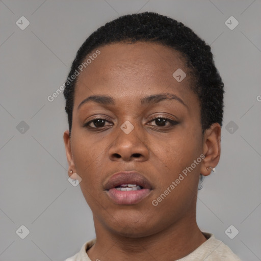 Neutral black young-adult female with short  black hair and brown eyes