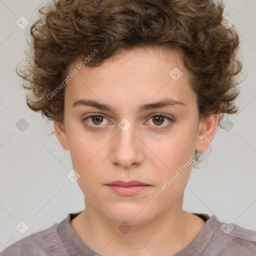 Neutral white young-adult female with short  brown hair and brown eyes