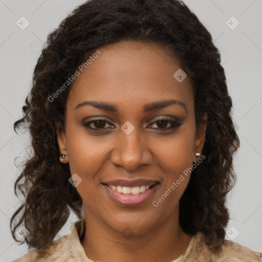 Joyful black young-adult female with medium  brown hair and brown eyes