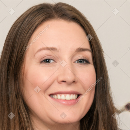 Joyful white young-adult female with long  brown hair and grey eyes