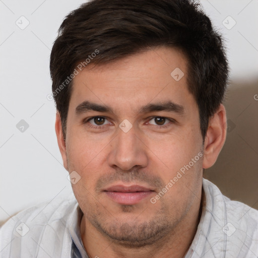 Neutral white young-adult male with short  brown hair and brown eyes