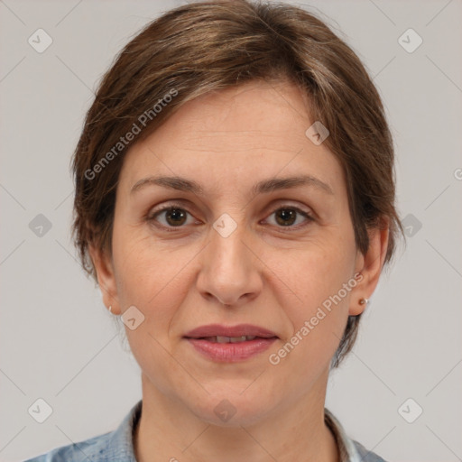 Joyful white adult female with short  brown hair and brown eyes